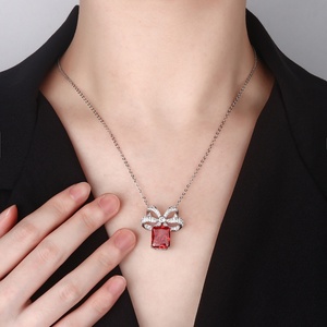 Elegant Dainty <b>Iced</b> <b>Out</b> 10*12mm High Carbon Diamond Jewelry Eco-friendly Copper Bow Pendant Necklace for Women Casual Wear - Product Image 4