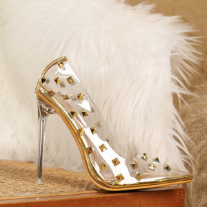Chaussures d'été transparentes à talon fin 2026 pour femme, avec rivets décoratifs, bouche peu profonde, talon ultra-haut sexy de 11 cm, tendance - Product Image 4