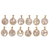 Pendentif Zodiaque en Cuivre Doré Douze Motifs, Bordure Pavée Ronde, Face Blanche, Bijoux Zodiaque Personnalisés, OEM