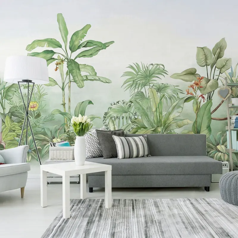 Papel tapiz de fondo de sala de estar verde fresco pequeño del sudeste asiático de plantas tropicales