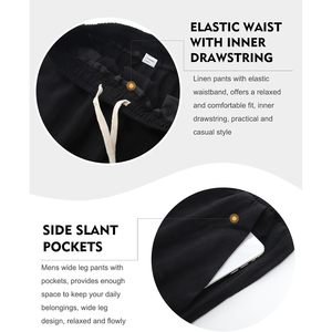 FOXA Linen Cotton Pants Men Wide Leg <b>Elastic</b> Waist Breathable Casual Summer Trousers - Product Image 6