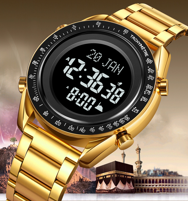 SKMEI 2143 Arabic Stainless Steel Digital Watches Islamic Qibla Direction Al Azan Wrist Watch for Muslim Prayers Azan Clock