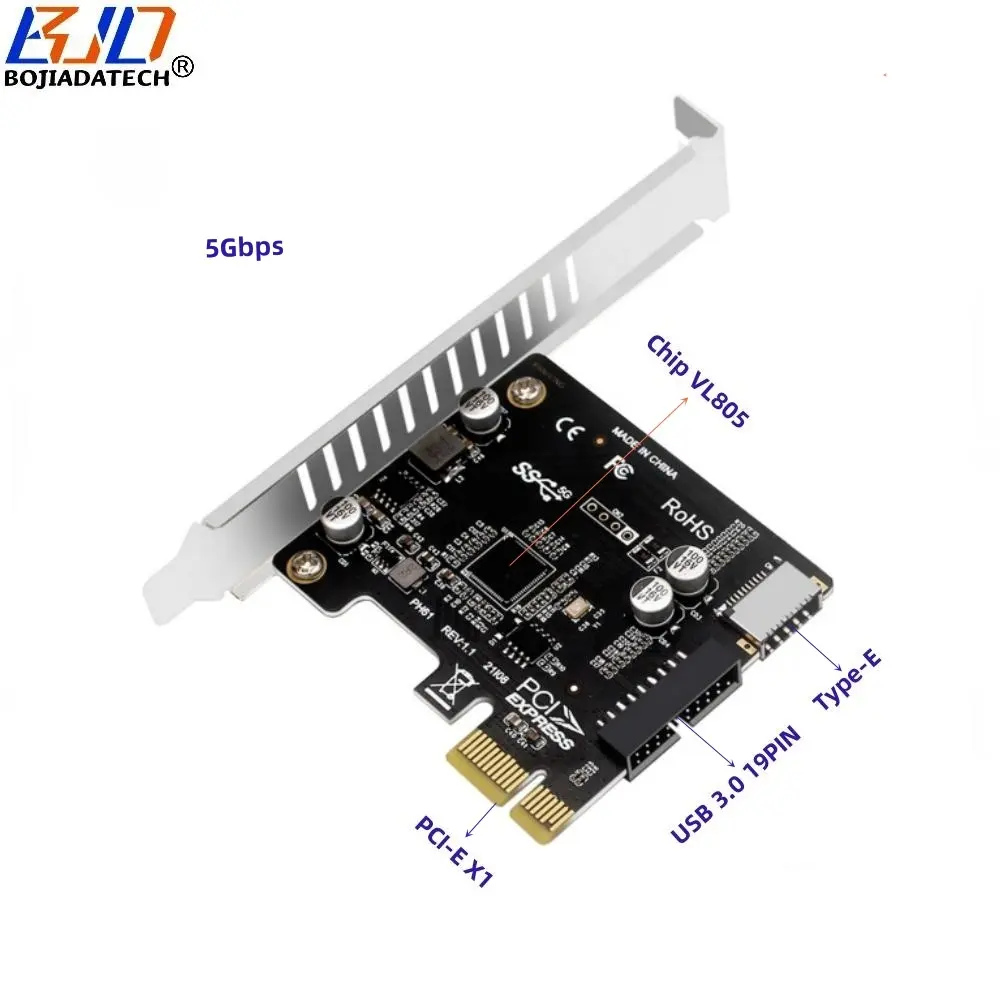 USB 3.0 19PIN + Type-E Socket To PCI-E 1X PCIe X1 Controller Riser Card 5Gbps For PC Computer Front Panel