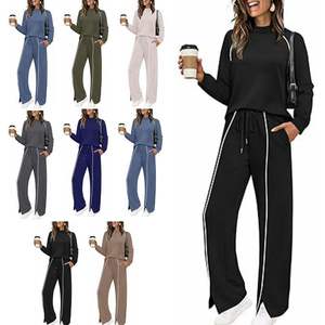 Pantalones largos para mujer, conjunto de <span class=keywords><strong>2</strong></span> piezas de manga larga, novedad de 2025, traje deportivo de ocio para primavera y otoño, conjunto de dos piezas de Color sólido, ropa para mujer - Product Image 1