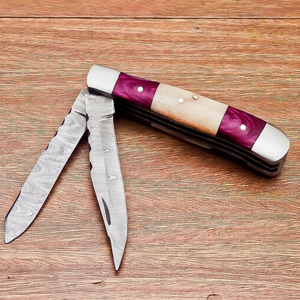 Damascus Steel Folding Pocket <b>Knife</b> Double Blade Drop Point Camel <b>Bone</b> Pakka Wood <b>Handle</b> DIY - Product Image 1