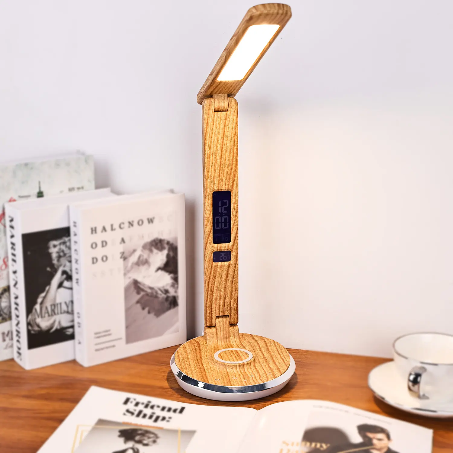 आधुनिक यूएसबी पोर्ट की लकड़ी की सामग्री को स्पर्श करता है डिमर चमक घड़ी समय वायरलेस चार्जर के साथ लाइट एलईडी डेस्क लैंप