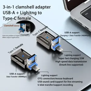 USB C famale ถึง USB/8pin อะแดปเตอร์แบบฝาพับ ฟังก์ชั่น OTG PD35W อะแดปเตอร์ชาร์จเร็ว 3-in-1 ประเภท C เป็นตัวแปลง USB