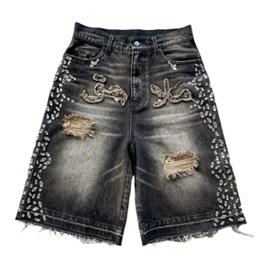 Vintage Sun Faded Mens Ripped Jean Rhinestone Custom Embroidery Streetwear <strong>Shorts</strong> - Product Image 1