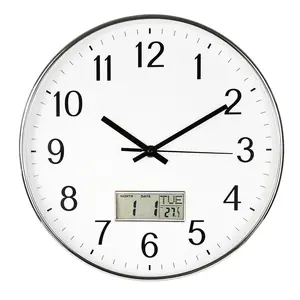 12英寸镀铬塑料挂钟，带数字显示，用于月、日期、日和室内温度家庭和办公室时钟