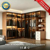 Dressing en L sur mesure moderne et minimaliste avec portes vitrées et éclairage LED, Armoire de chambre personnalisée pour toute la maison