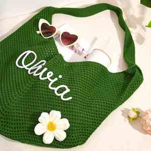Custom Crochet Tote <b>Bag</b>, <b>Beach</b> With Embroidery Name, <b>Large</b> Capacity Summer Vacation Shoulder <b>Bag</b> - Product Image 3