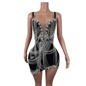 رقبة V عميقة أسود شرابة الرقص اللاتيني فساتين السهرة مثير حجر الراين حفلة عيد ميلاد فستان صغير النساء Bodycon حفلة حفلة موسيقية النادي اللباس - Product Image 1