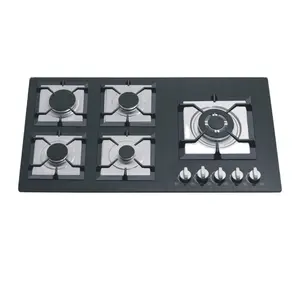 Factory supplier built in stove 8mm tempered glass gas stove cast iron support hot sale model 5 burner gas cooker hob