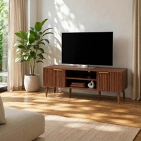 Meuble TV moderne du milieu du siècle de 54,3 pouces, console multimédia en bois avec rangement, convient aux téléviseurs jusqu'à 65 pouces, placage en noyer, meubles de salon