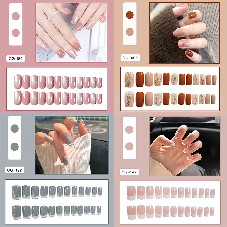 Wholesale Custom High Quality 24pcs False Nail French Luxury Mix Handmade Acrylic Medium Square Soft Gel Press on Nails