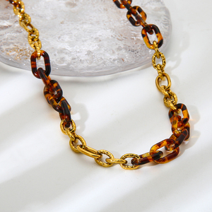 Collana da donna con catena ovale in acrilico leopardato, placcata oro 18 carati, in acciaio inossidabile, per maglione, gioielli alla moda - Product Image 4