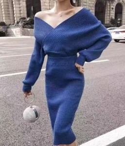 Robe en tricot sexy à col en V K806 pour femmes, robe pull à manches chauve-souris en deux pièces, robe élégante pour femmes, robe moulante mi-longue - Product Image 6