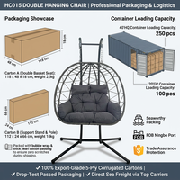 Fauteuil suspendu double en rotin tressé avec support et coussin, chaise longue balançoire pour jardin, terrasse et balcon