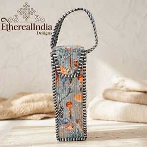 Hand Block Print Bottle <b>Bag</b> with Glass Bottle Quilted Cotton Water Bottle Carrier Reusable Gift Set - Product Image 2
