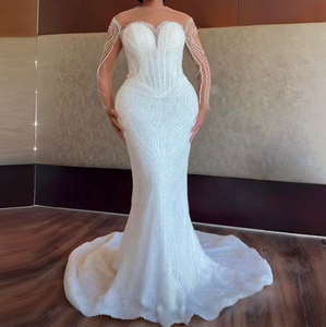 Vestido de Novia de Lujo con Cuentas, Estilo <span class=keywords><strong>Sirena</strong></span>, Manga Larga Ilusión, Corsé con Pedrería, Cola Capilla, Tallas Grandes para Novias Africanas - Product Image 1