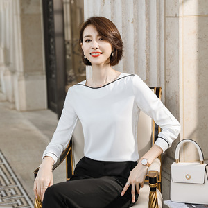 White Long Sleeve Blouse Women Office Wear Contrast Color Splicing Anti-Wrinkle Professional Top Fashionable Trendy Cross-border - Product Image 1