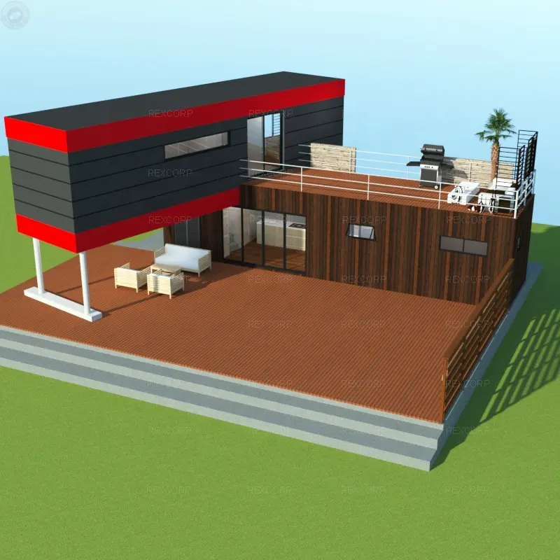 Desain Modern 2 Lantai Curacao Rumah Dua 40ft Duplex Rumah dengan Lantai WPC Deck