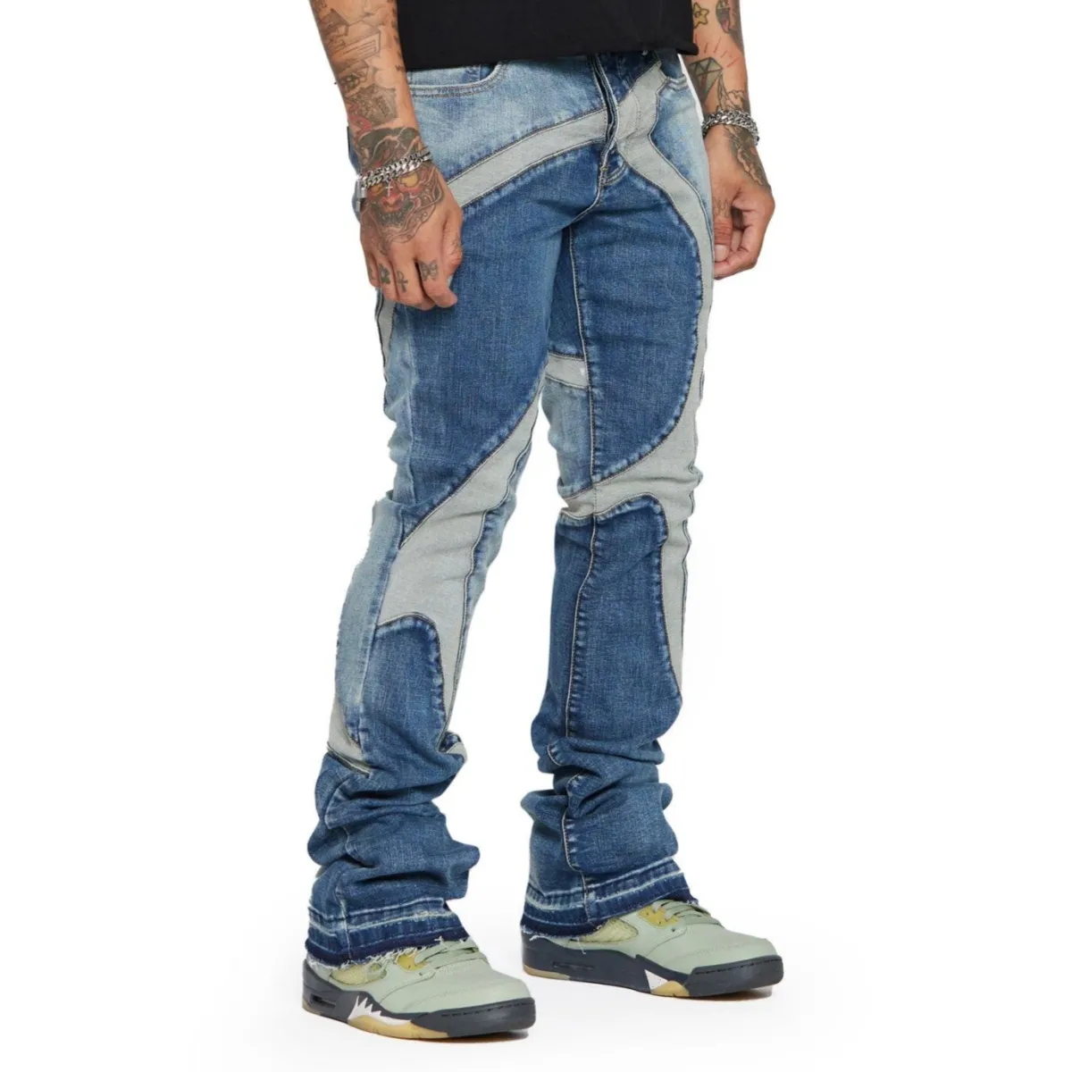 Fabricants de haute qualité OEM & ODM Fahion Pantalons détruits pour hommes en détresse Art Patches Biker Blue Jeans Slim Denim Jeans