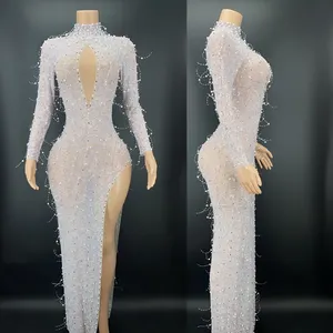 Rhinestone Sequins Long Sleeves Transparent Dress Fashion Design s Graceful Dance Dress Stage Performance Costume