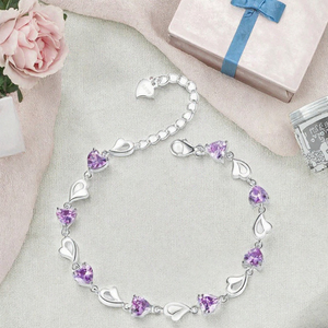 สร้อยข้อมือโซ่เงินแท้ 925 ประดับเพทายรูปหัวใจสำหรับผู้หญิง สีม่วง - สร้อยข้อมือปรับขนาดได้ ของขวัญเครื่องประดับ - Product Image 2