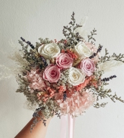 Bouquet de roses éternelles LED faites à la main aux couleurs douces, rond, sur pied, pour mariage, fleurs de mariée, longue durée (3-5 ans)