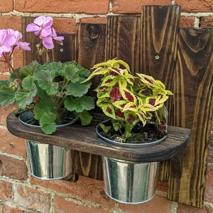 ustic Wall Mounted Hanging Wood Floating Planter With Galvanised Metal Buckets Display Planter Shelf For Outdoor