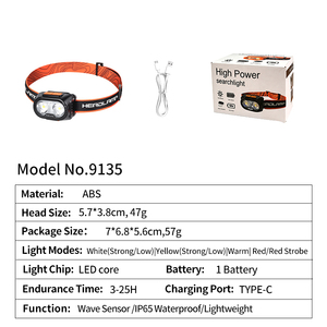 Lampe frontale de camping LED blanche rechargeable Type-C, luminosité réglable, étanche IP67, avec batterie 2000 mAh, faisceau lumière du jour 6000K - Product Image 6