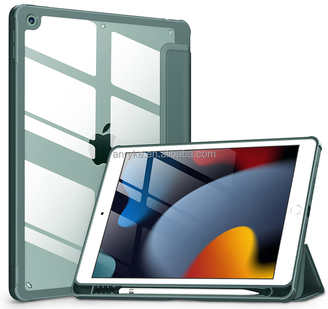 iPad 9th/8th/7th Generation 10.2Inch 2022 Trifold Leather Magnetic Case Clear Back Shell Cover Pencil Holder Shockproof