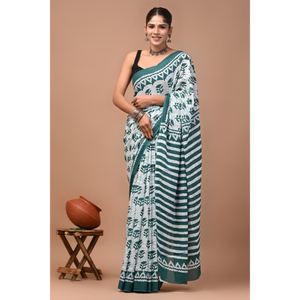 Sari de Algodón Mulmul Estampado con Blusa a Juego, Sari de Algodón Mulmul Ligero y Elegante - Cómodo para Uso Diario - Product Image 3