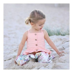 <b>Kids</b> Clothing <b>Sets</b> Girls <b>Colouring</b> Sleeveless Buttons up Beach <b>Set</b> With Flower Printing and Lace - Product Image 3