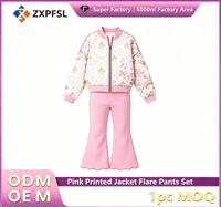 Ensemble 2 pièces personnalisé : Blouson bomber zippé imprimé et pantalon évasé festonné, survêtement contrastant, OEM ODM, MOQ 1 pièce