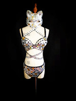 Costumes de danse de bar GOGO Femme Paillettes argentées Costume sexy arabe Combinaison Bikini Costume de danse d'équipe Masque Costume miroir