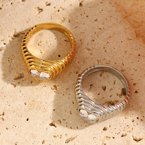 18K Pvd Gold Plated Ribbed Heart Cz Zircon Stainless Steel Waterproof Hypoallergenic Stackable <b>Statement</b> <b>Ring</b> For Women - Product Image 6