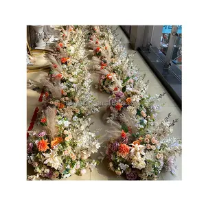 Best Seller Multi Artificial Flower Panel For Wedding Centerpiece Decoration Colorful Cherry Rose Pampas Grass Flower Runner