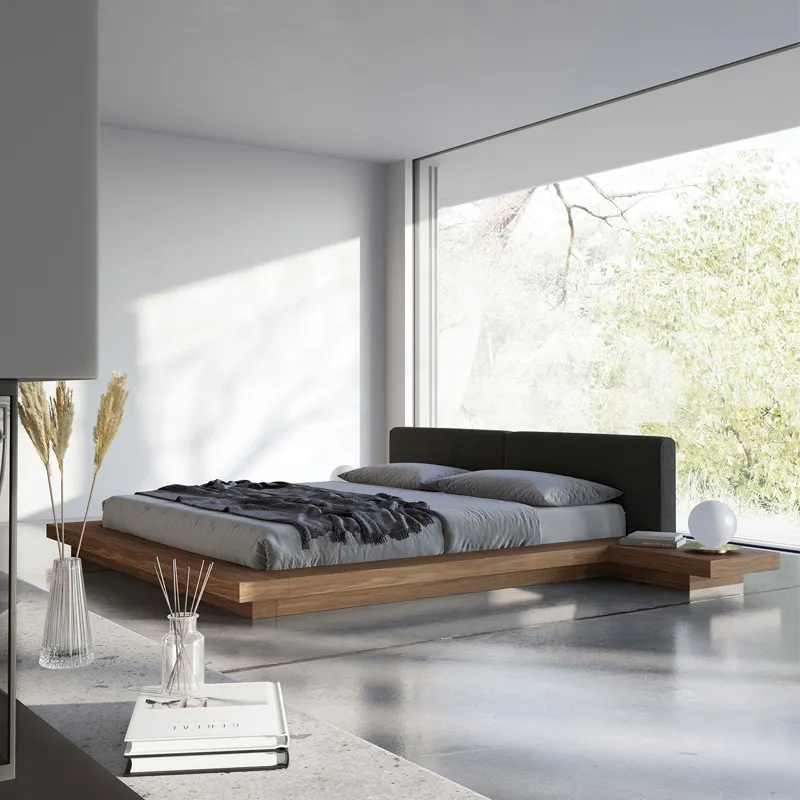 Nordic Semua Kayu Solid Tempat Tidur Oak Paket Lembut Cahaya Mewah Hitam Walnut King Bed Tatami Platform Tempat Tidur Rendah untuk Furnitur Kamar Tidur