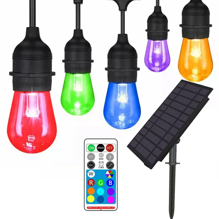 Outdoor String Lights 15 Led Bulbs Solar Powered Color Changing Waterproof Patio Lights String with Remote Control