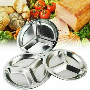Stainless Steel 3 Sections Round Divided Dish Snack Dinner Plate 22/24/26cm Dia