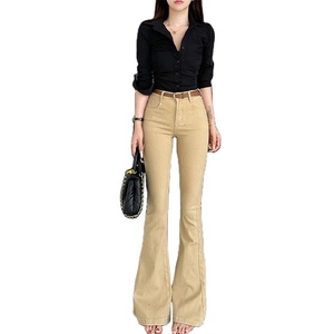 Jeans <span class=keywords><strong>kaki</strong></span> taille haute pour femmes pour printemps été extensible évasé coupe ajustée pantalon <span class=keywords><strong>slim</strong></span> jambe large élégant pantalon long respirant - Product Image 1
