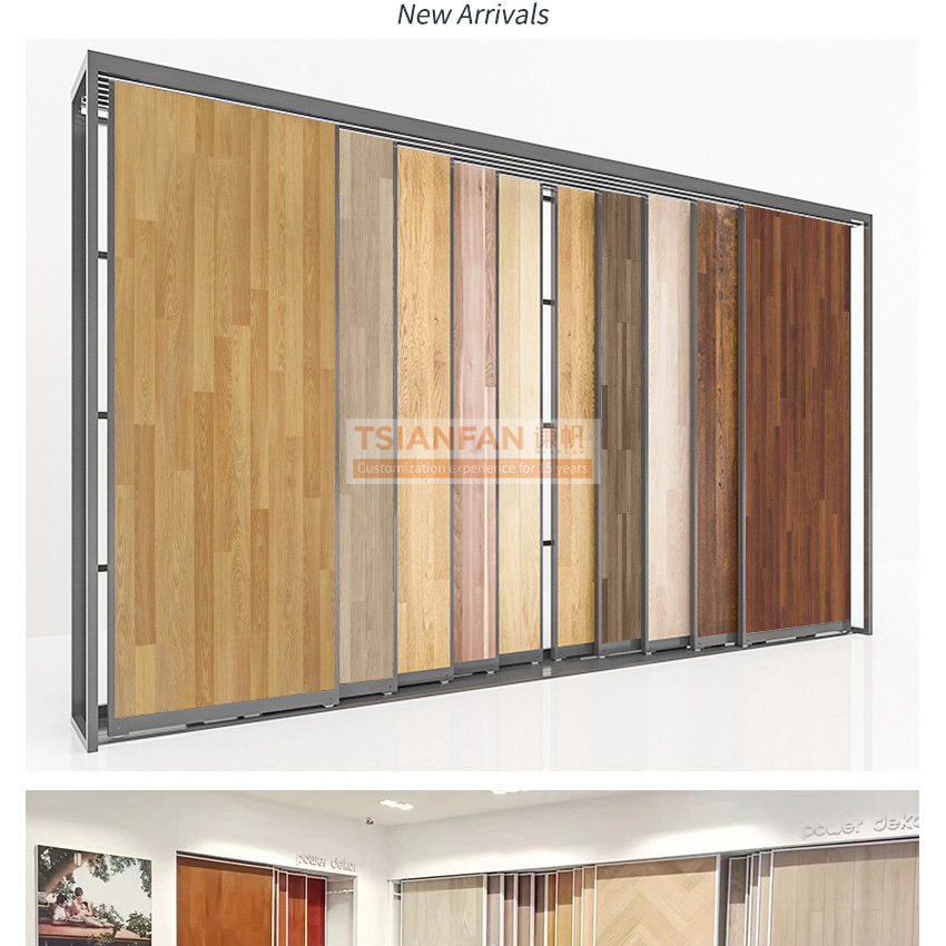 Horizontal Sliding Multi-Layer Wooden Flooring Showroom Parquet Oak Deck Push Pull Rack Hard Wood Sample Display Stand