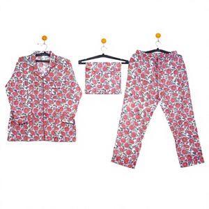 Ensemble de pyjama pour femmes, imprimé numérique floral indien, en coton tricoté, élégant, décontracté pour les vacances d'été, taille élastique, manches longues - Product Image 1