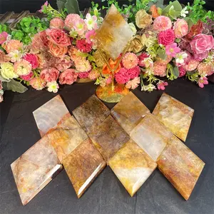 Kristallen Ruit Natuurlijke Genezing Geel Vuur Kwarts Hematoïde Diamant Gepolijste Plak Gouden Genezer Voor Fengshui Decor
