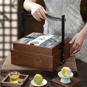 Wooden Mid Autumn Festival <b>Gift</b> <b>Box</b> Double Layer Portable Storage For Chinese Pastry Tea <b>Cake</b> Gifting Rectangle 16.2cm - Product Image 4