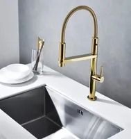 Robinet de cuisine contemporain Spring pour évier à légumes, doré, télescopique, monotrou, eau chaude et froide, en acier inoxydable brossé