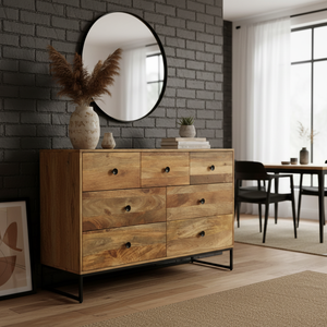 Gabinetes de cocina de madera maciza de mango con base metálica industrial, aparador con 7 cajones, muebles para comedor, muebles para sala de estar - Product Image 3