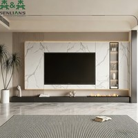 Mueble de TV Moderno y Lujoso SLS, Centro de Entretenimiento Personalizado con Iluminación LED, Pared Multimedia con Efecto Mármol y Chimenea Integrada